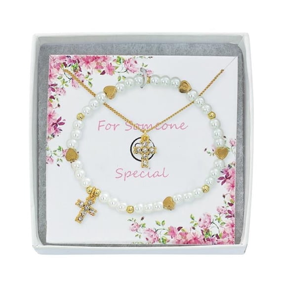 McVan PND25 Gold Crystal Cross Pendant & Pearl Crystal Bracelet Boxed
