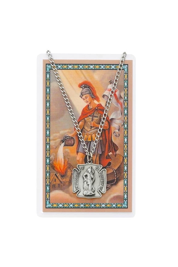 PSD413 St Florian Prayer Pewter Medal with 24 in. Silver-Tone Chain & Laminated Holy Card Set