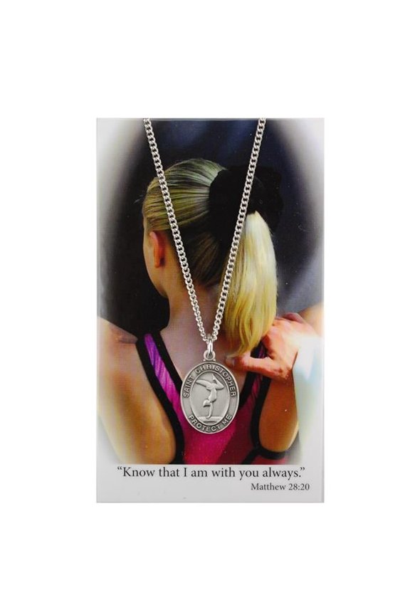 PSD676GY 18 in. Silver-Tone Chain Gymnastics Prayer Pewter Medal with Laminated Holy Card Set