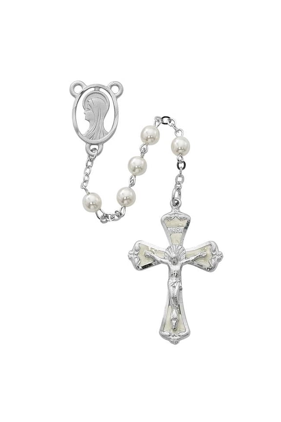 R157RF 6 mm Pearl Madonna Cross Rosary Set - White
