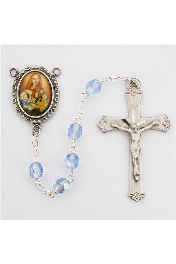 R190DF 6 mm Glass St.Dymphna Cross Rosary Set - Blue