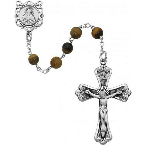 McVan R763F 6 mm Pewter Cross Rosary Set - Tiger Eye