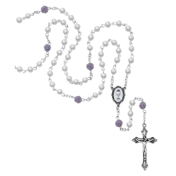 McVan R798W White Pearl Glass Communion Rosary Boxed
