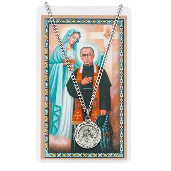 McVan PSD600MX St Maximilian Prayer Pewter Medal with 24 in. Silver-Tone Chain & Laminated Holy Card Set
