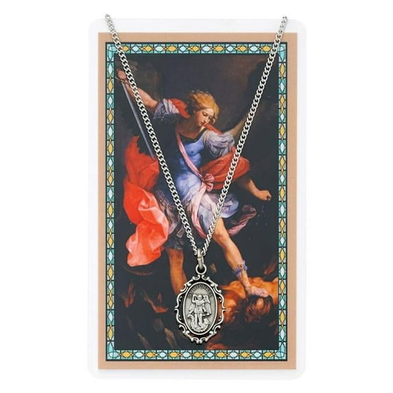 McVan PSD621MK St Michael Prayer Pewter Medal with 18 in. Silver-Tone Chain & Laminated Holy Card Set