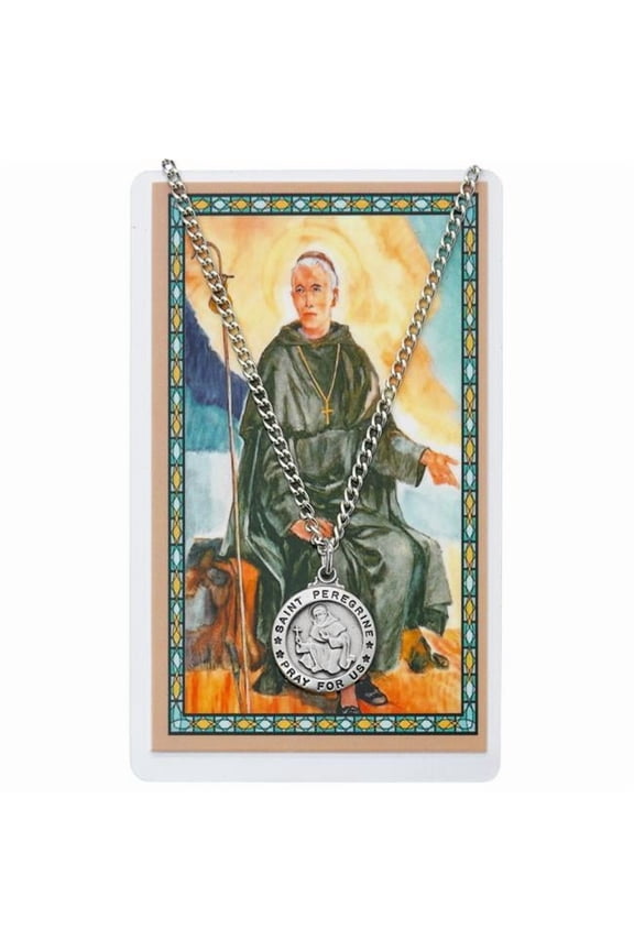 PSD600PE St Peregrine Prayer Pewter Medal with 24 in. Silver-Tone Chain & Laminated Holy Card Set