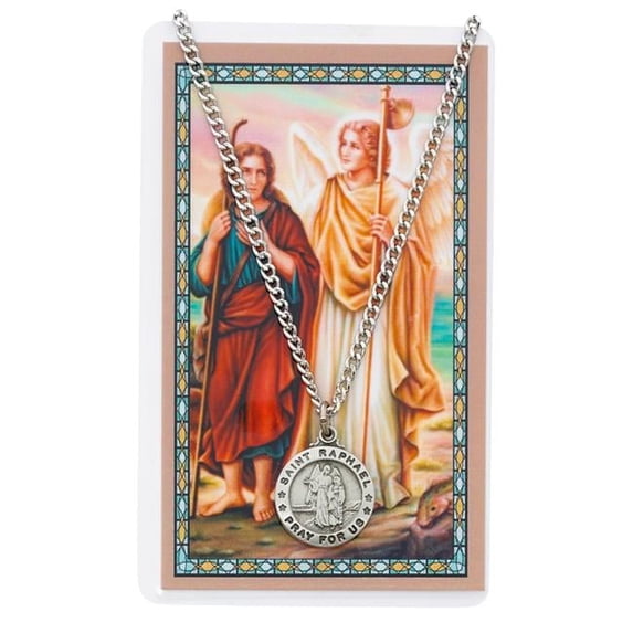 McVan PSD600RH St Raphael Prayer Pewter Medal with 24 in. Silver-Tone Chain & Laminated Holy Card Set