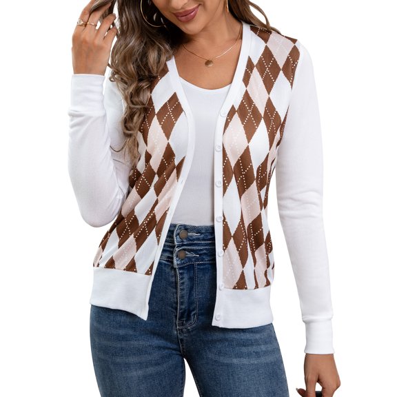 McVanedy Women's Long Sleeve Button Down V Neck Argyle Knit Cardigan Sweater S-XL