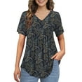 thumbnail image 1 of McVanedy Women's Pleated Flare Top V Neck Button Plus Size Short Sleeve Top M-4XL, 1 of 9