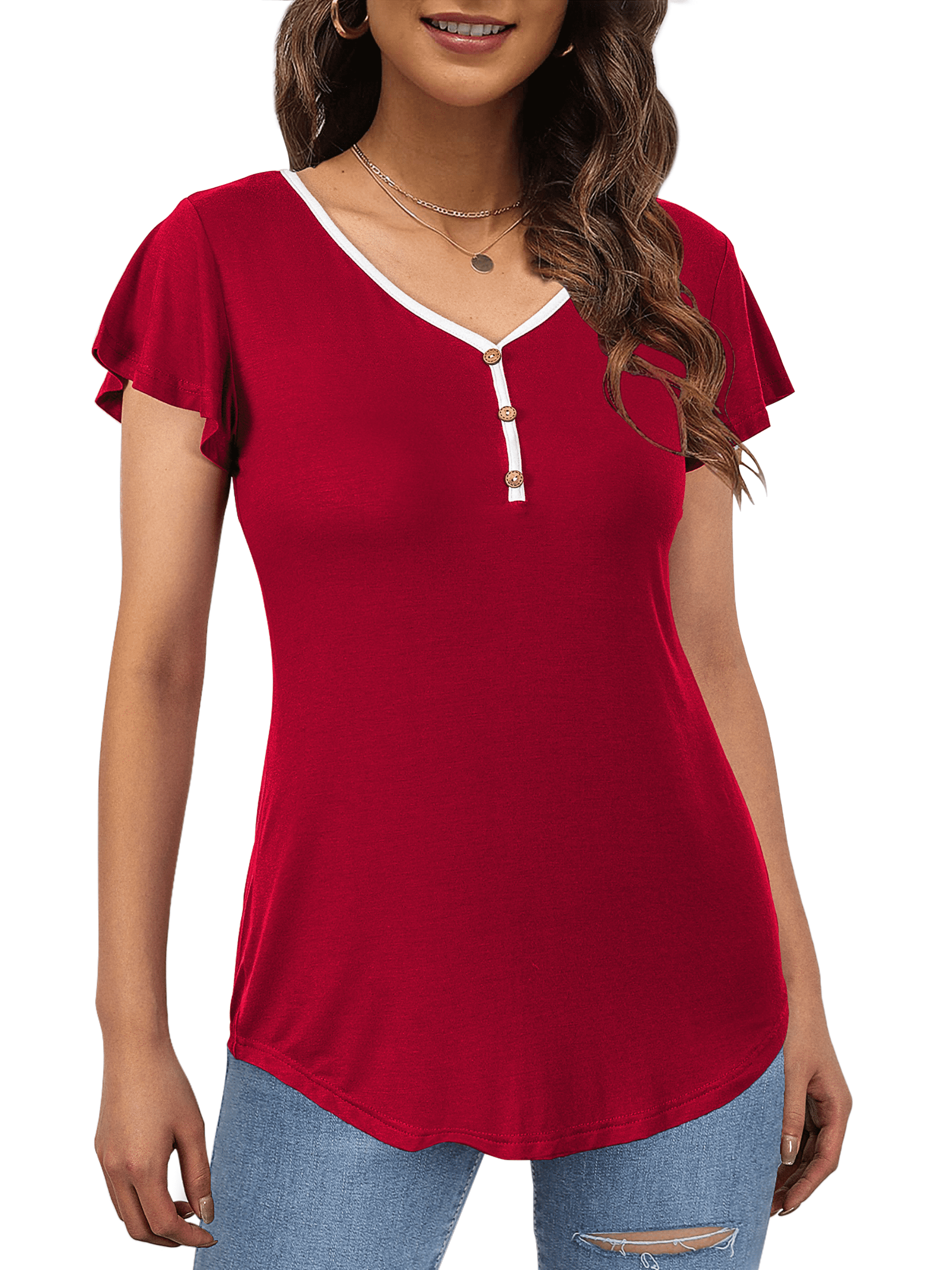 McVanedy Women's Summer Tops Ruffle Short Sleeve Henley T Shirts V Neck