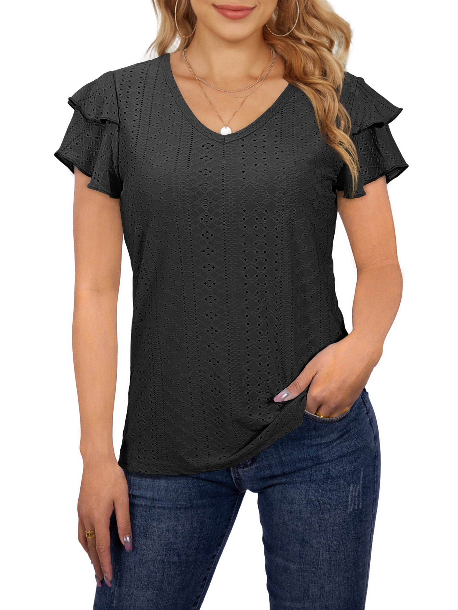 POL V-Neck Short Sleeve Womens T-Shirt Ruffle Sleeve