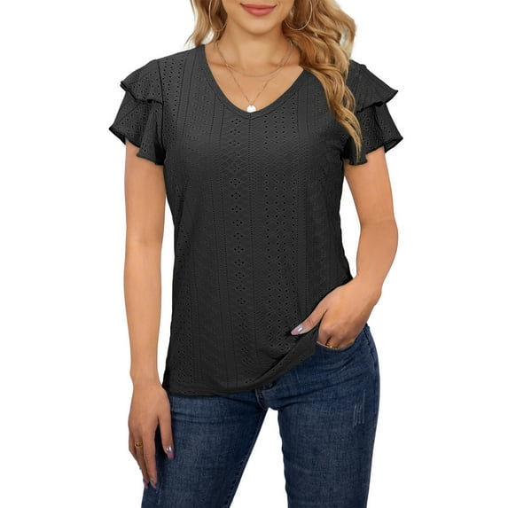 McVanedy Women's V Neck T Shirts Ruffle Short Sleeve Top Hollow Casual Blouses S-XL