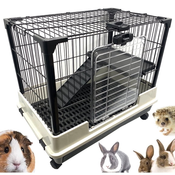 Mcage Leakproof 2-Story Large Metal Rabbit Guinea Pig Small Animal Cage with Removable Tray, Ramp & Lockable Caster Wheels, Black