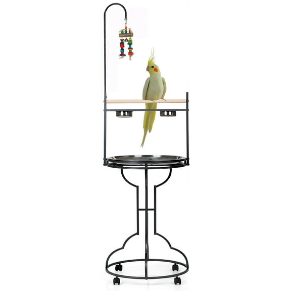 Mcage Parrot Play Stand, Large Wooden & No Rust Stainless Parrot Perch with Tray Bowls & Toy Hook, Black