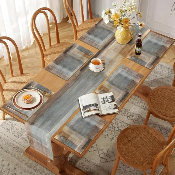 Mcalk Brown Table Runner and Placemats Set of 6, Abstract Grey Modern Art Cloth Place Mats Indoor for Kitchen, Washable Linen Material for Dining Table