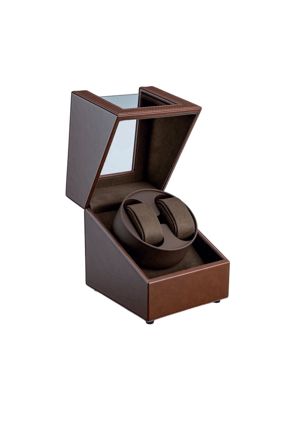 Automatic Dual Watch Winder with Multiple Winding Direction, USB Powered PU Leather Watch Case Box - Brown