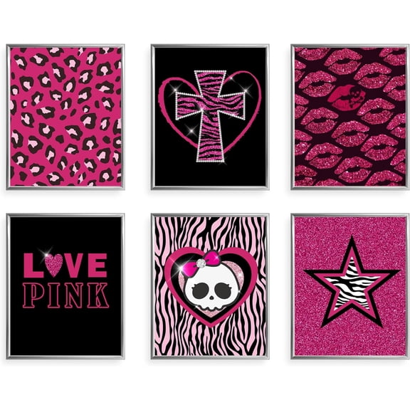 Mcbling Room Decor Aesthetic, Trashy Y2k Posters for Girls bedroom, 2000s Hot Pink Wall Art, Emo Baddie Prints for women Apartment.(8" X 10", Set Of 6, UNFRAMED)