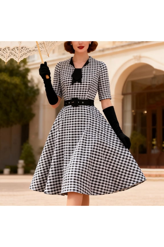 1950S Dresses for Women formal Vintage Cocktail Swing Dresses with Cap Sleeves Summer V Neck Checkered Lapel Party Midi Tea Dress Black S
