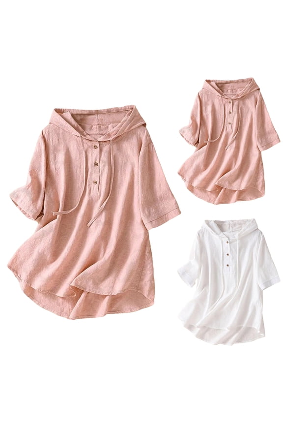 3/4 Sleeve Linen Shirts for Women Spring Summer Button Down Blouses Shirts Loose Fit Drawstring Casual Crew Neck Hooded Shirts Plus Size Tunic Tops Camisa Lino Mujer Pink XXL