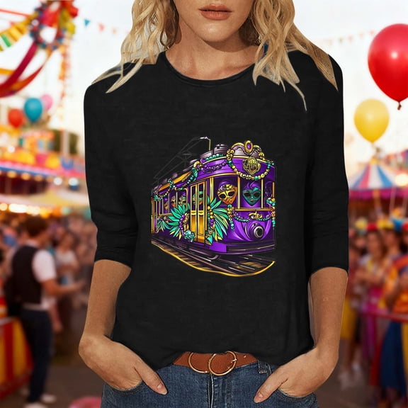 Mceream 3/4 Sleeve Mardi Gras Shirts Womens Holiday Tunic Tops Fashion Graphic Mask Carnival Themed Party Tshirts Casual Crewneck Blouses Clothes plus size outfit Black S