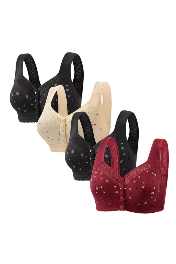 4 Pack Bras for Older Women Front Closure Plus Size Gathering Full Coverage Senior Padded Bras Comfortable Wireless Everyday Bralettes