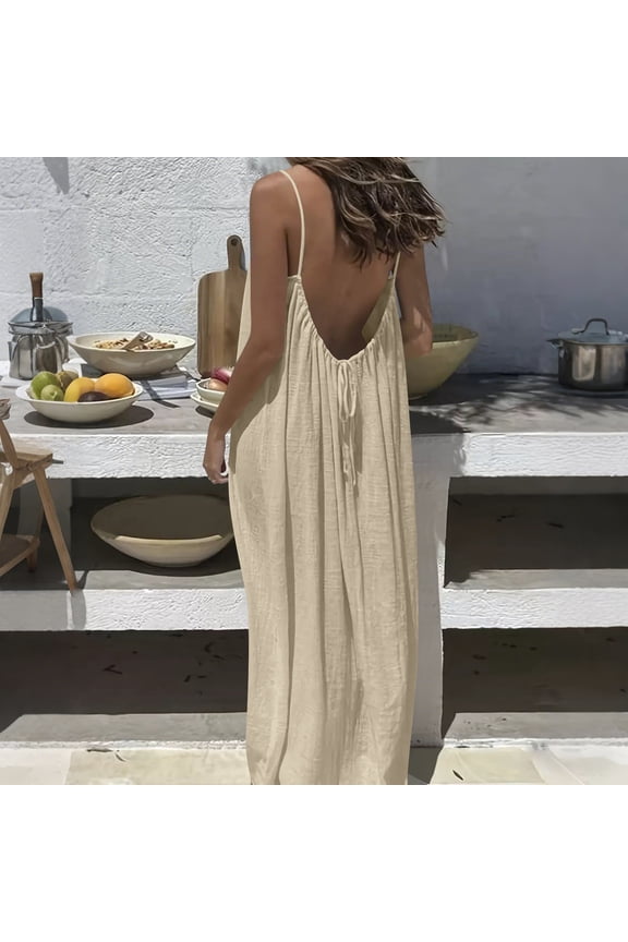 Maqroz Backless Cami Dresses for Women Plus Size Casual Solid Color Summer Sleeveless Open Back Beach Sundress with Back Tie for Holiday Vestido Verano Mujer Beige XXL