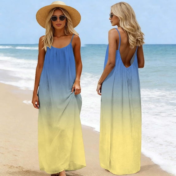 Maqroz Backless Cami Dresses for Women Plus Size Summer Linen Cami Lounge Gradient Dress Sleeveless Open Back House Dress Spaghetti Strap Maxi Sundress with Back Tie Yellow XXL