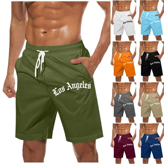 Mceream Beach Shorts for Men Summer Elastic Waist Letter Print Vacation Golf Shorts with Drawstring and Pockets Quick Dry Swim Trunks Army Green XL