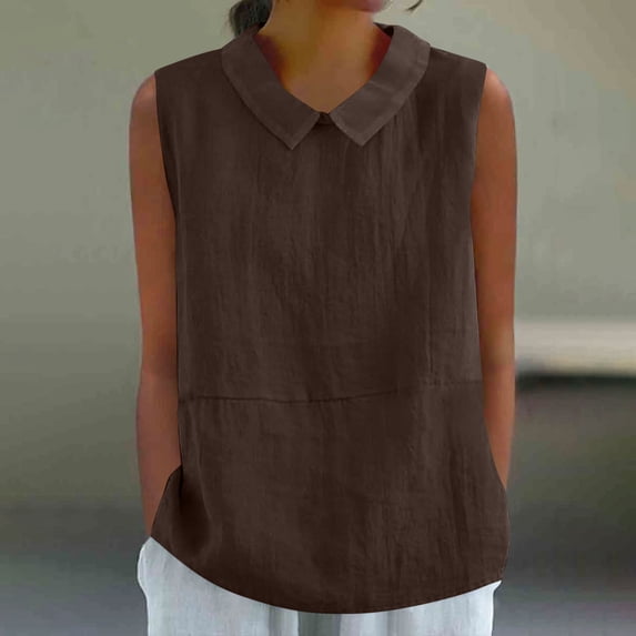 Mceream Boho Cotton Shirts for Women Fashion Tank Tops Summer Sleeveless Linen Shirts Casual Cute Collared Trendy Blouse Tunic Tops Lightweight Business Blouses Brown L