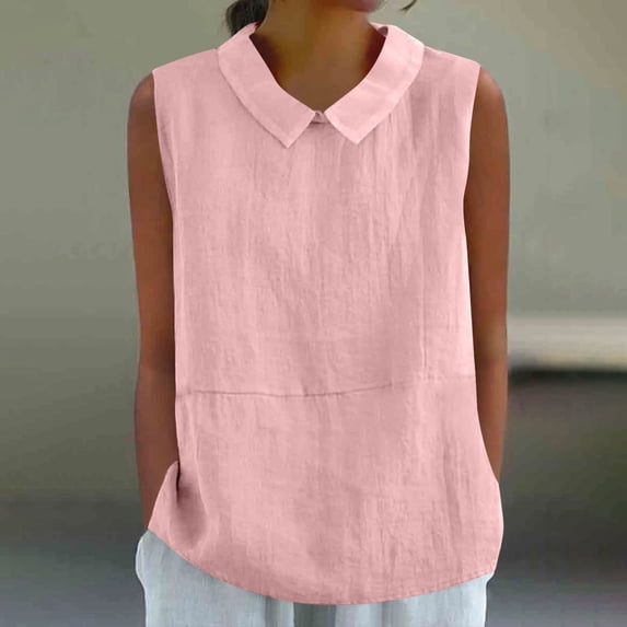Mceream Boho Cotton Shirts for Women Fashion Tank Tops Summer Sleeveless Linen Shirts Casual Cute Collared Trendy Blouse Tunic Tops Lightweight Business Blouses Pink L