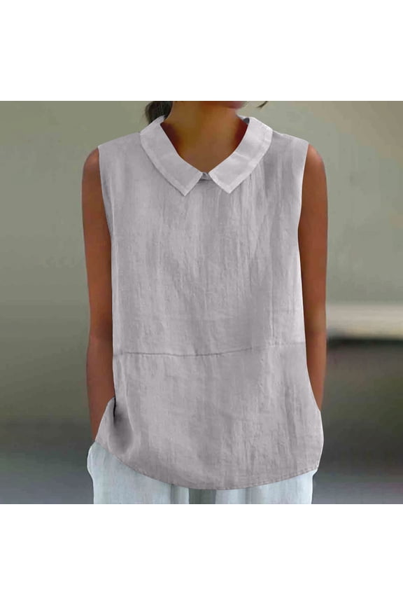 Boho Cotton Shirts for Women Fashion Tank Tops Summer Sleeveless Linen Shirts Casual Cute Collared Trendy Blouse Tunic Tops Lightweight Business Blouses Gray L