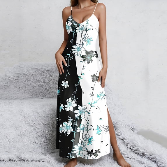 Mceream Boho Dresses for Women Plus Size 2026 Casual A Line Spaghetti Strap V Neck Maxi Sundress Side Split Silk Floral Graphic Dresses Beach Vacation Clothes Multicolor XL