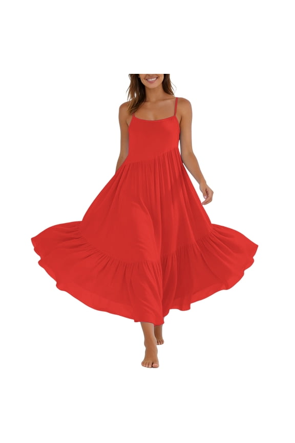 Boho Dresses for Women Maxi Summer Flowy Spaghetti Strap Dress 2026 Casual Sleeveless Smocked Tiered Long Beach Sundresses Red M