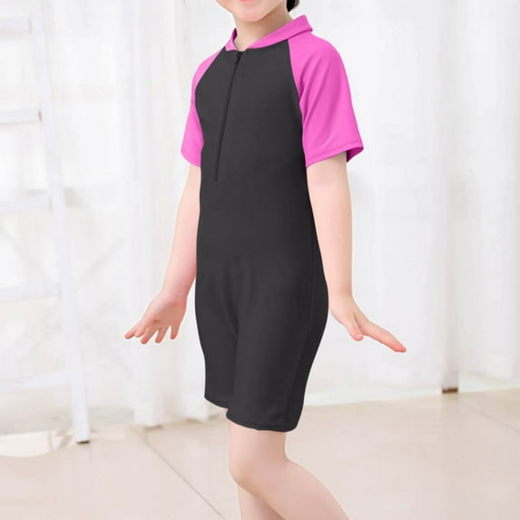 Mceream Boys Girls One Piece Swimsuit Quick Dry Short Sleeve Swimwear Zipper Rash Guard Surfing Bathing Suit Color Block Swimsuit UPF 50+