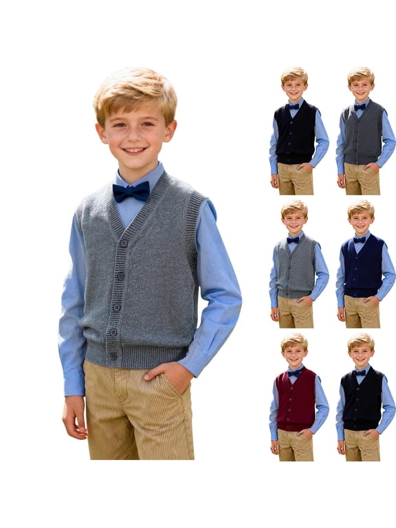 Boys Girls V Neck Sweater Vest Casual Soft Cotton Knitted Sleeveless School Uniform Vests Fall Spring Back to School Outfits Clothes Camisas De Uniformes Para NiñOs 2-15 Years