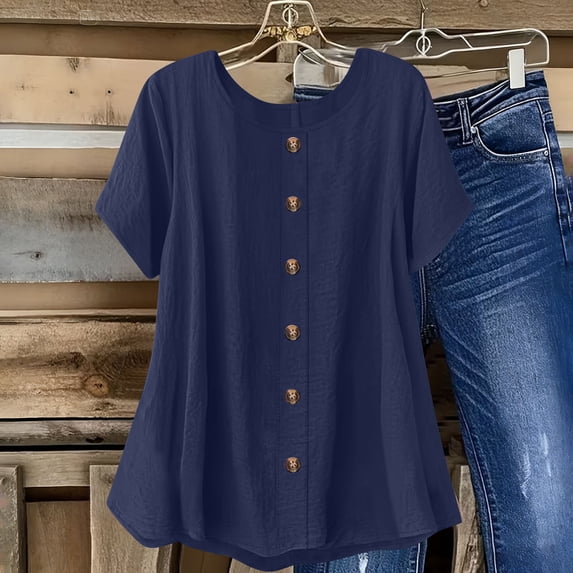 Mceream Button Down Shirts for Women Short Sleeve Cotton Linen Boho Loose Fit Blouses Business Casual Outfits Tunic Tops Plus Size Navy XXL