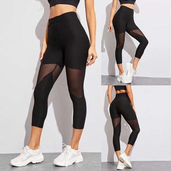 Mceream Capri Leggings for Women Plus Size Tummy Control Mesh Panel Sports Pants High Waist Stretch Sport Yoga Pants Leggings See-Through Sweatpants Black M