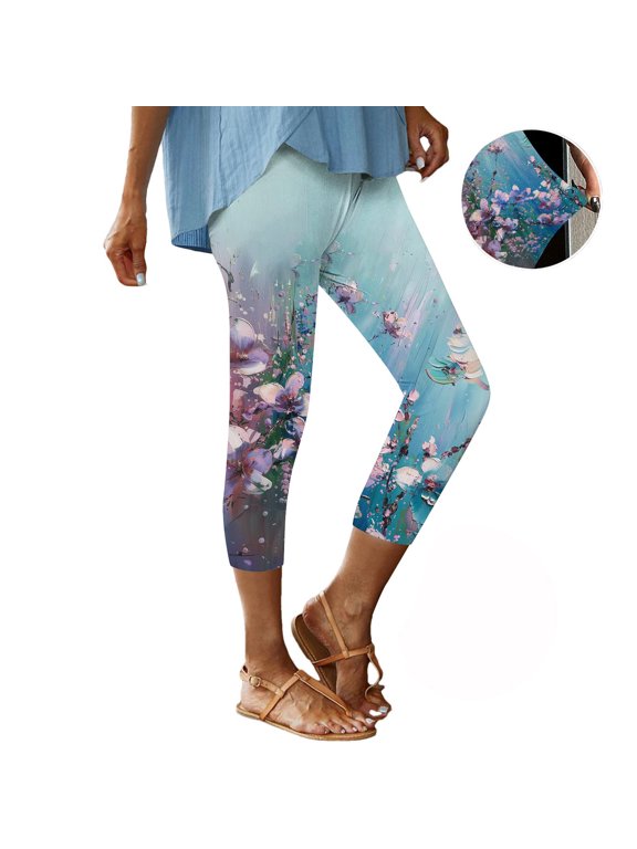 Capri Leggings for Women Fashion Print High Waisted Tummy Control Yoga Pants Casual Compression Workout Running Yoga Leggings Purple XXL