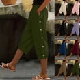 thumbnail image 1 of Mceream Capri Pants for Women with Pockets Plus Size Cotton Linen Causal Elastic Waist Pants Loose Buttons Side Beach Cropped Pants Summer Beach Vacation Clothes Everyday Wear Army Green M, 1 of 7