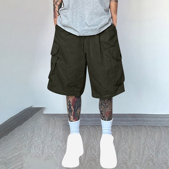 Mceream Cargo Pants for Men Relaxed Fit Loose Fit Casual Shorts Drawstring Elastic Waist Outdoor Hiking Shorts with Multi Pockets High Rise Workout Gym Running Shorts Army Green XXL