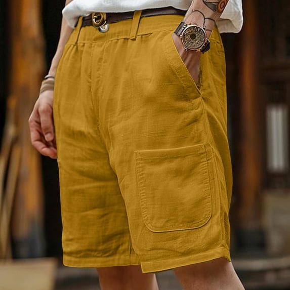 Mceream Casual Mens Linen Shorts Elastic Waist Button Down Beach Summer Shorts Golf Linen Shorts with Pockets Lightweight Quick Dry Work Dress Travel Yellow M