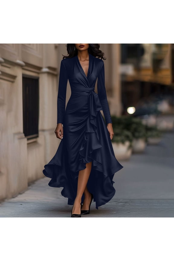 Cocktail Dresses for Women Long Sleeve Ruched Satin Wrap Maxi Dresses Elegant V Neck Ruffle Hem Porm Dress Holiday Wedding Guest Dresses Navy XL