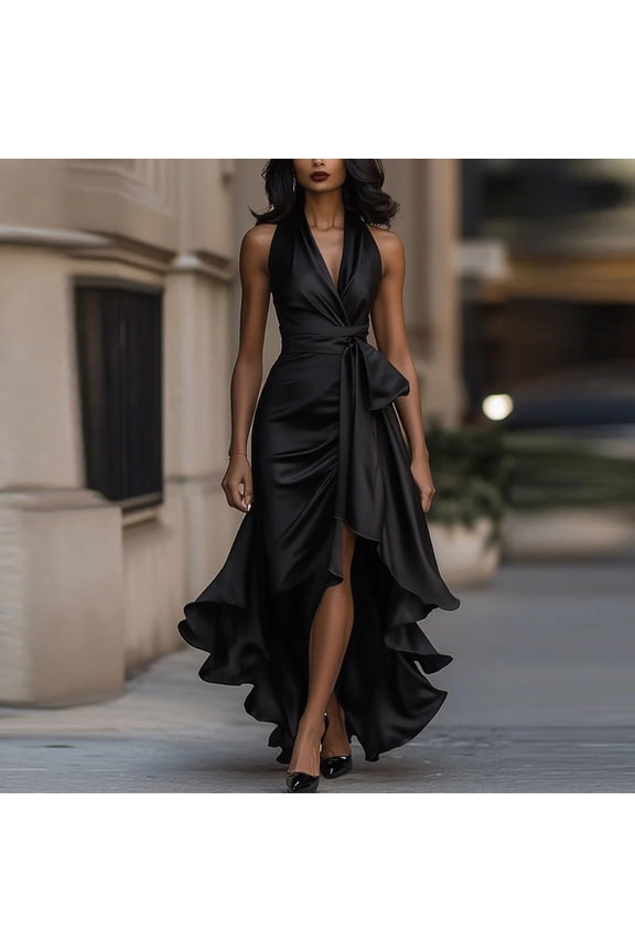Cocktail Dresses for Women Wedding Guest Plus Size Satin Wrap Maxi Dress Sleeveless V Neck Ruffle High Low Elegant formal Dress Black L