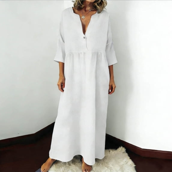 Maqroz Cotton Dresses for Women Casual Summer 3/4 Pleated Sleeve Button Down Flowy Plus Size Maxi Dresses Loose Fit V Neck Shift Dress Plus Size Vestidos Elegantes De Mujer White XL