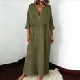 thumbnail image 1 of Maqroz Cotton Dresses for Women Casual Summer 3/4 Pleated Sleeve Button Down Flowy Plus Size Maxi Dresses Loose Fit V Neck Shift Dress Plus Size Vestidos Elegantes De Mujer Army Green L, 1 of 8