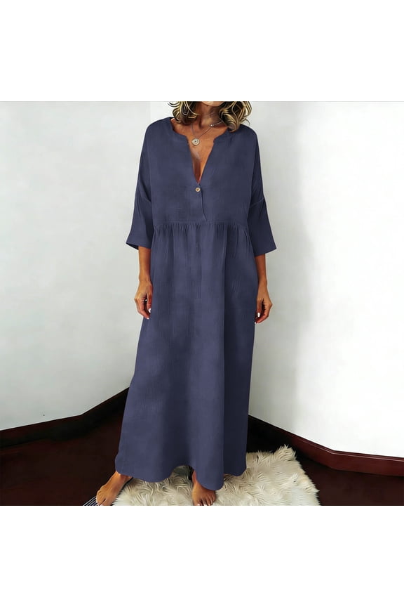 Cotton Dresses for Women Casual Summer 3/4 Pleated Sleeve Button Down Flowy Plus Size Maxi Dresses Loose Fit V Neck Shift Dress Plus Size Vestidos Elegantes De Mujer Navy L