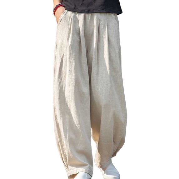 Mceream Cotton Linen Pants for Women Loose Fit Summer High Waist Comfy Trousers Pants with Pockets Vacation Summer Outfits Flowy Palazzo Pants Beige L