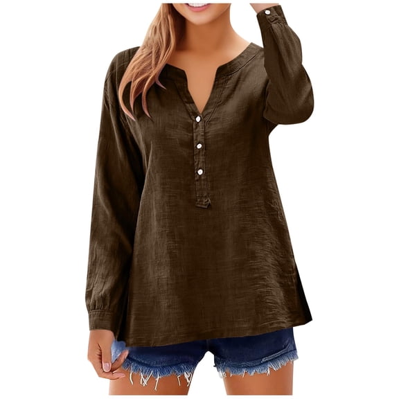 Mceream Cotton Linen Shirts for Women 2026 Trendy V Neck Button Long Sleeve Gauze Tunic Tops Side Slit Hem Work T Shirts Boho Loose Fit Blouse Plus Size Clothes Blusas De Lino Para Mujer Brown XL