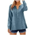 thumbnail image 1 of Mceream Cotton Linen Shirts for Women 2026 Trendy V Neck Button Long Sleeve Gauze Tunic Tops Side Slit Hem Work T Shirts Boho Loose Fit Blouse Plus Size Clothes Blusas De Lino Para Mujer Navy S, 1 of 9
