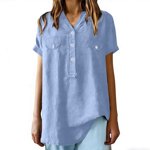Mceream Cotton Linen Shirts for Women Loose Fit Button Down Summer Loose Fit Short Sleeve V Neck Tops Dressy Casual Oversized Tshirts Comfort Work Tops Plus Size Camisa De Algodon Para Mujer XXL
